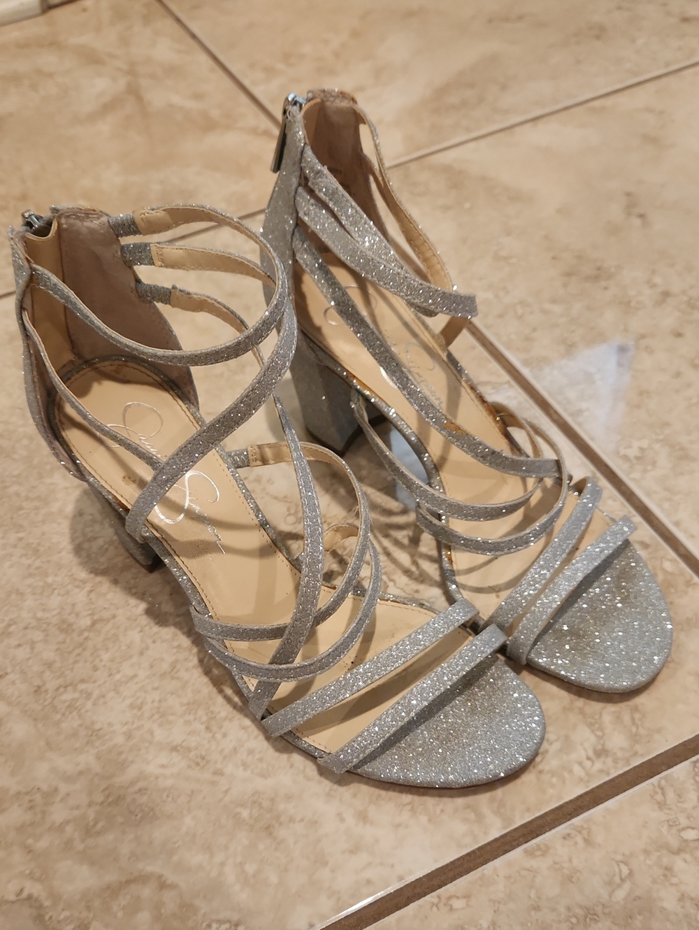 Jessica Simpson Silver Glitter Block Heel Sandals - Women's Size 8 Stassey
